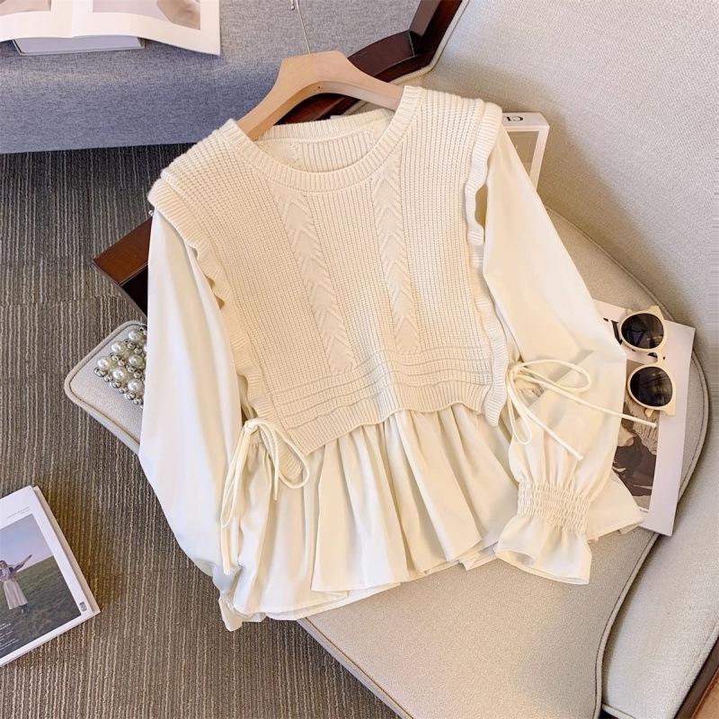 2024 Loose Fit Patchwork Knitted Sweater with Lotus Leaf Details