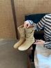 Round head belt buckle stacking boots women's autumn and winter retro new sleeve design soft leather wind boots