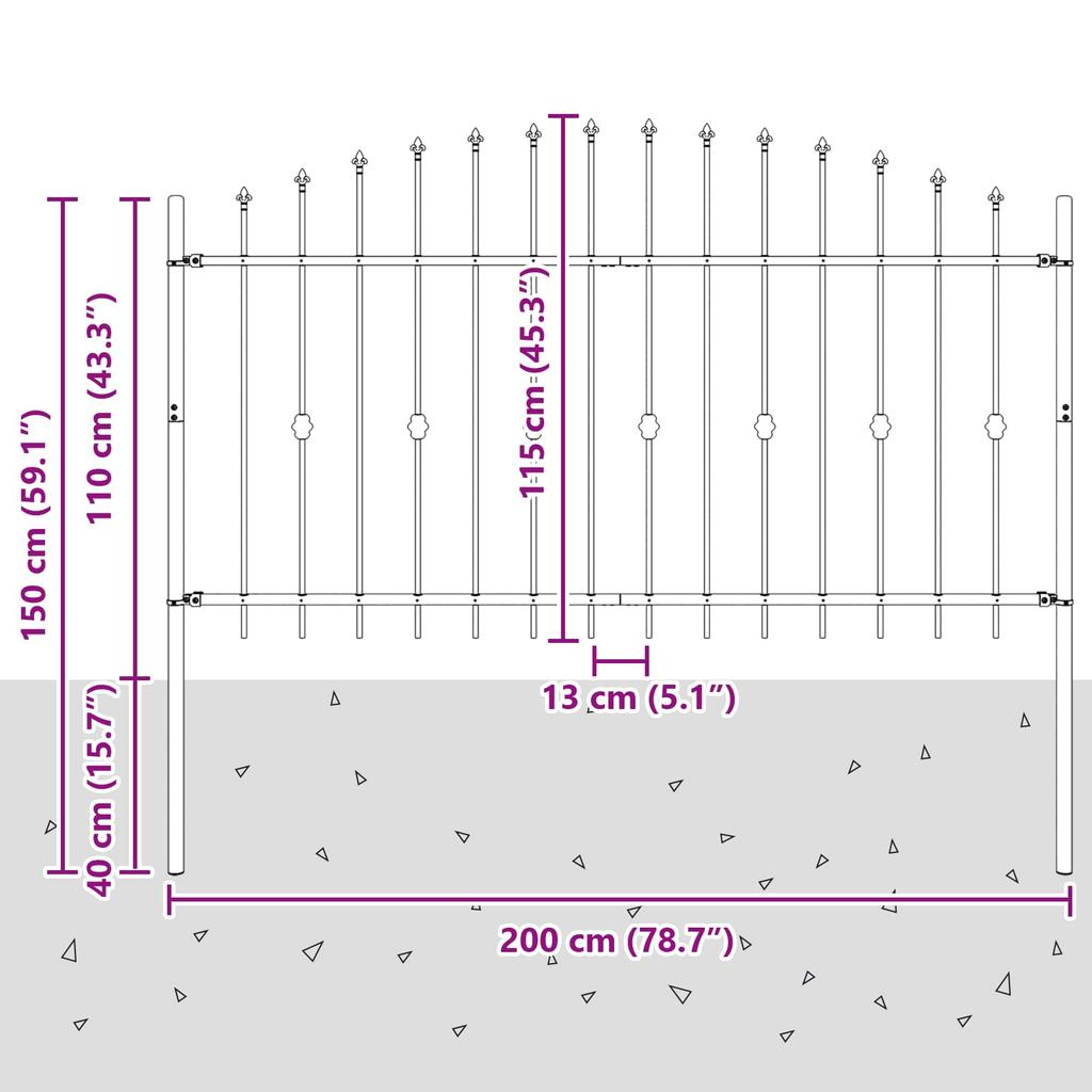 Spike Fence Posts Black 200 X 150 Cm Powder Coated Steel
