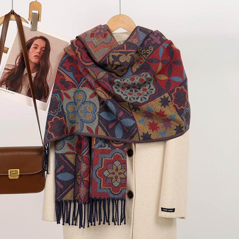 Geometric Flower Jacquard Long Towel Warm Polyester Scarf Ethnic Style Long Fringed Shawl