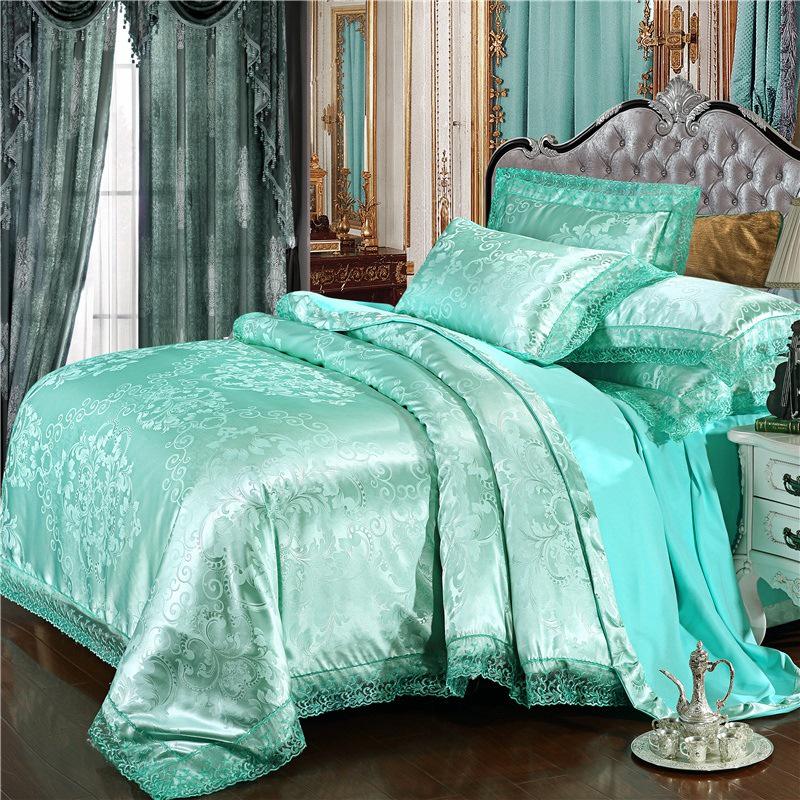 European Satin Jacquard Bedding Set - Lace-Trimmed, 4-Piece Set