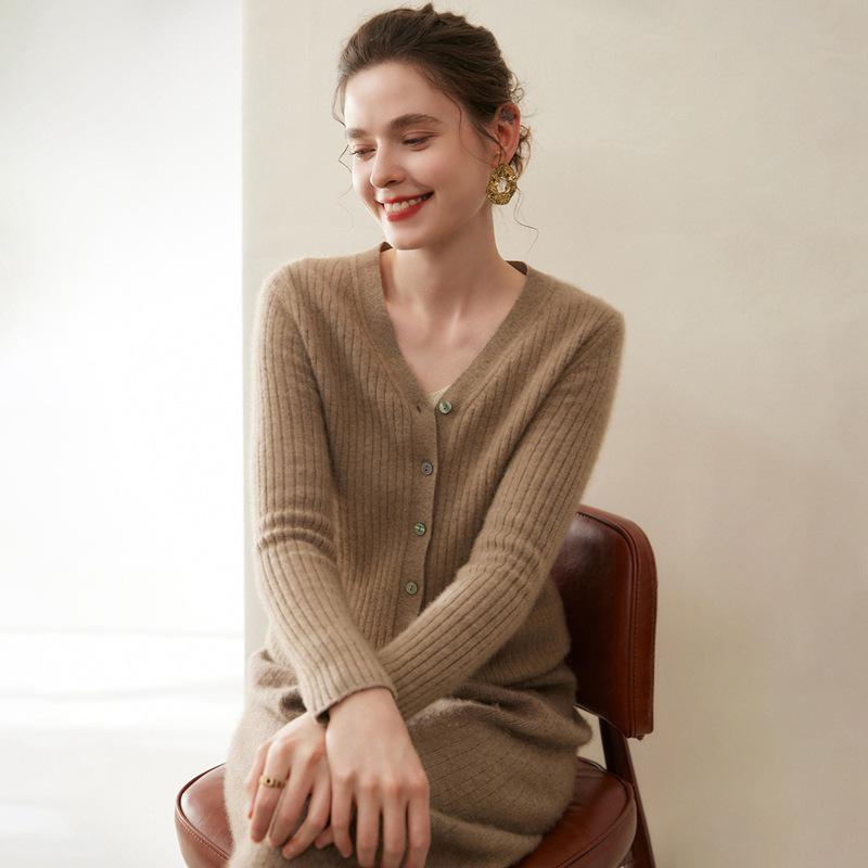 Cardigan Elegante de Color Sólido para Mujer, 100% Cachemir, Cuello en V - Capa Otoño/Invierno