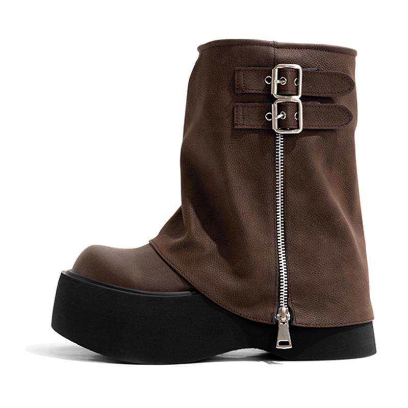 

мода Модные женские сапоги до середины голени с пряжкой, большой молнией, украшением, танкеткой, платформой, женские осенние туфли из искусственной кожи 35 средний коричневый