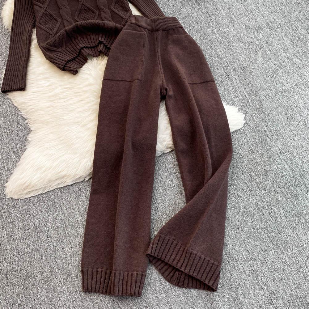 New Loose Knit Fried Dough Twists Sweater Suit Women's Winter High Waist Slim Straight Wide Leg Pants Two-piece Set