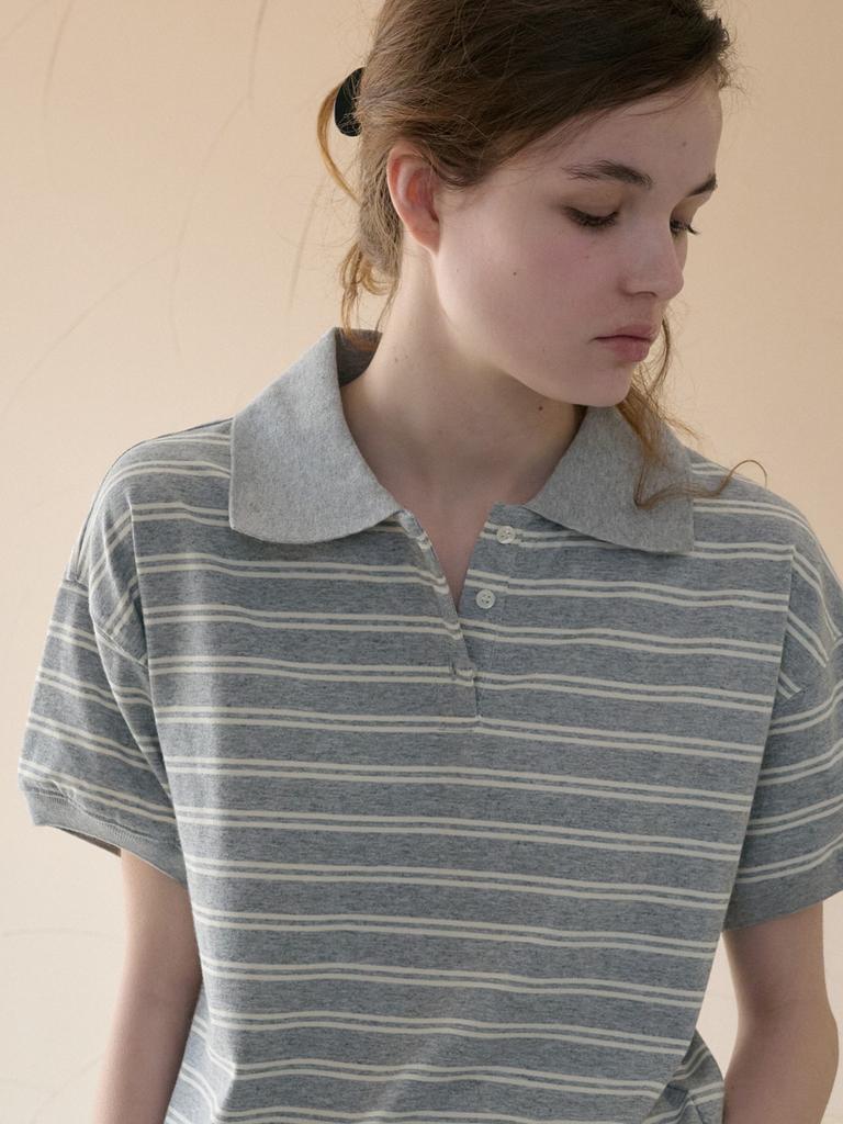 Elssibeui Stripe Polo Collar T-Shirt_Gray