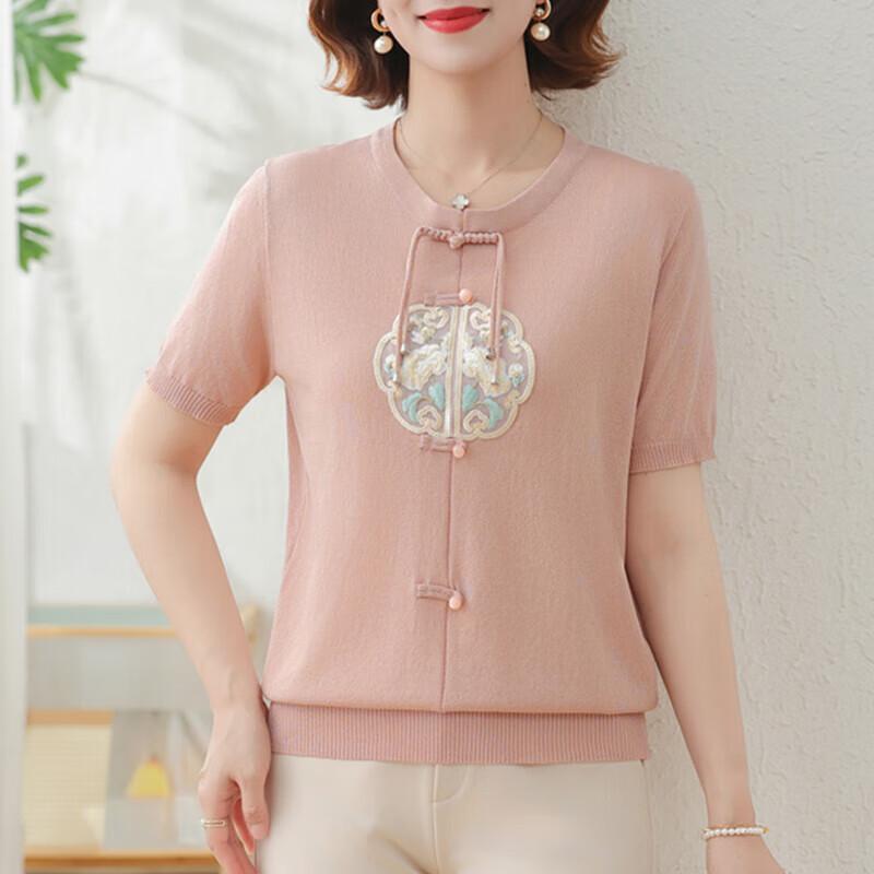 XUEXI Women s 2025 Summer Chinese Style Knitted Short Sleeve T-shirt XL