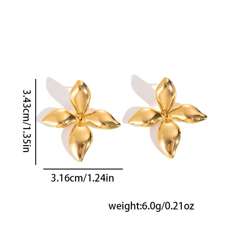 Two-Tone Gold & Silver 3D Four-Petal Flower Stainless Steel Stud Earrings for Women