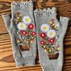 Fingerless Warm Gloves Knitted Mittens Stretchy Cartoon Embroidery Flower Mitten