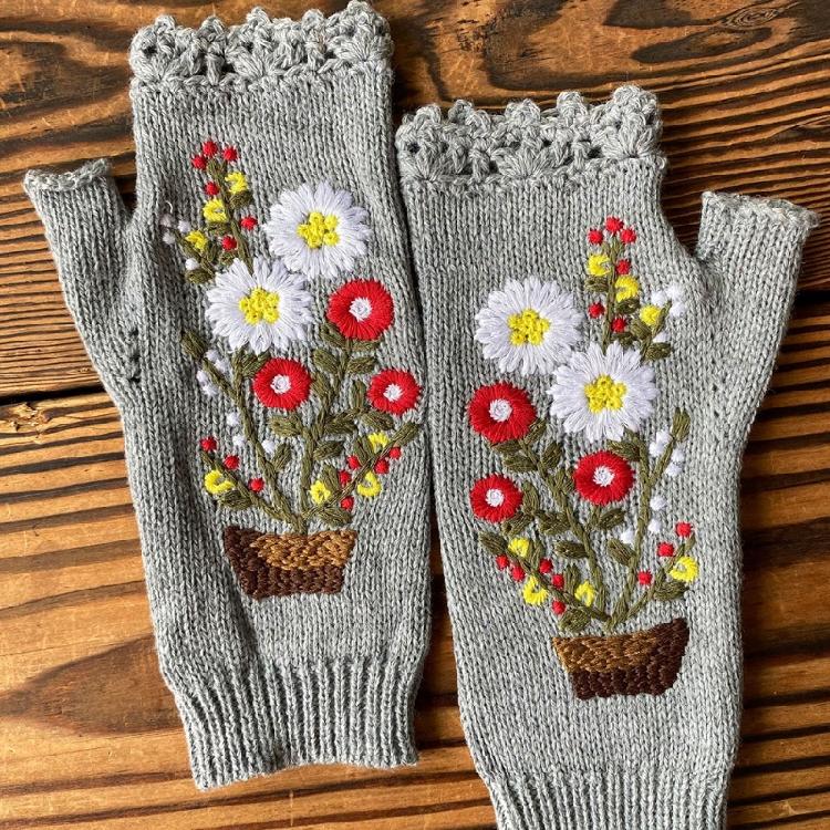 Fingerless Warm Gloves Knitted Mittens Stretchy Cartoon Embroidery Flower Mitten
