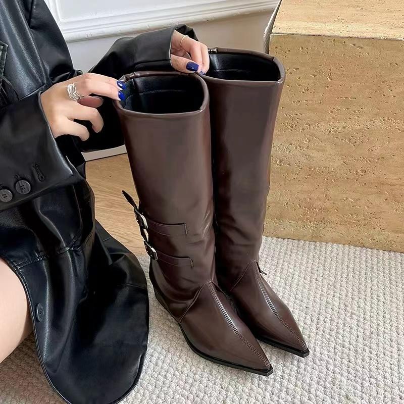 

Уличный стиль, женские сапоги до колена, модные туфли с острым носком, осень-зима, женские лаконичные длинные ботинки De Mujer 35