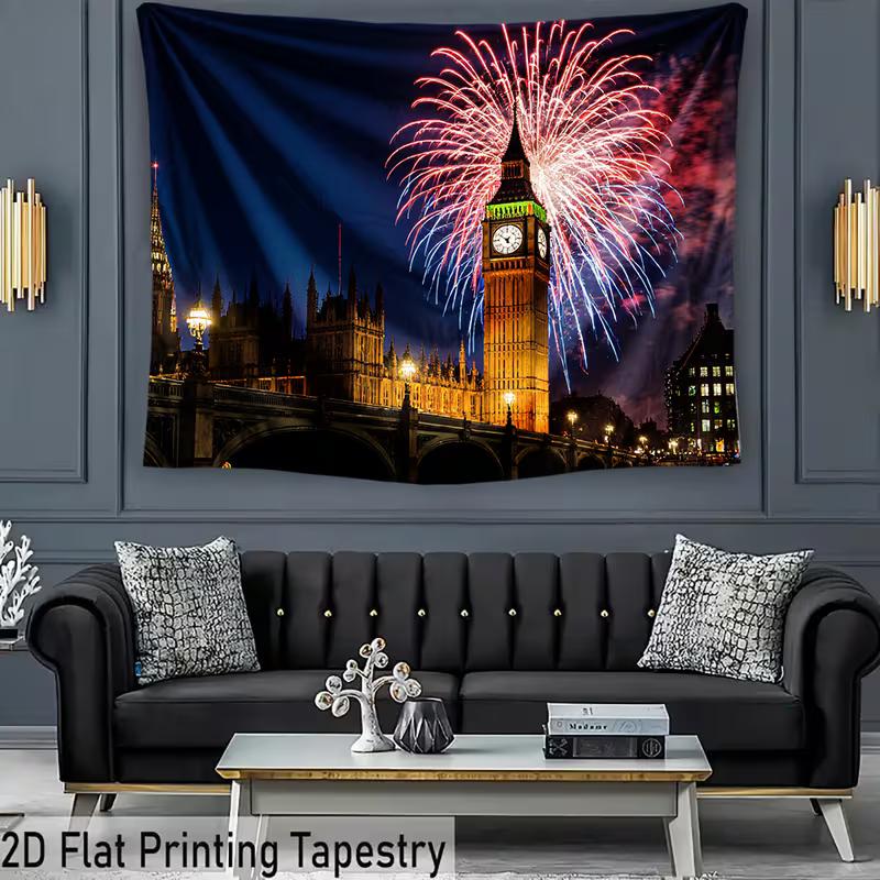 2D UK-Themen-Wandteppich, Big Ben mit Feuerwerk und Westminster Bridge