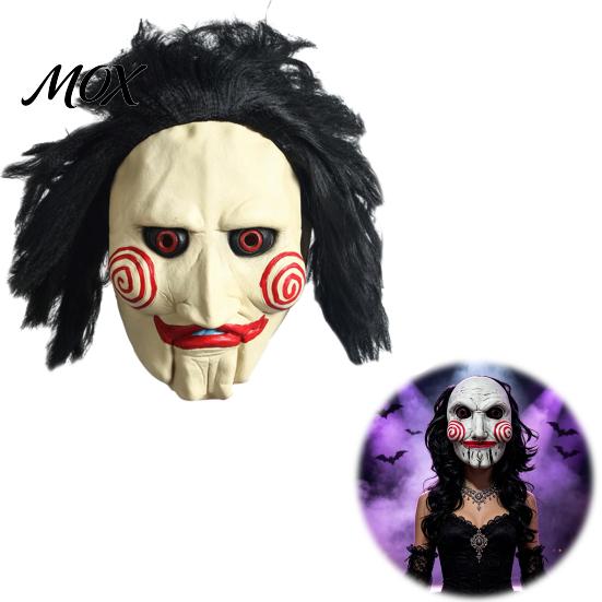 Unique Halloween Outfit Addition Horror Latex Mask, Scary Clown Face Headpiece with Black Hair Spooky Blood Stained Mask for Adults Wig, Breathable