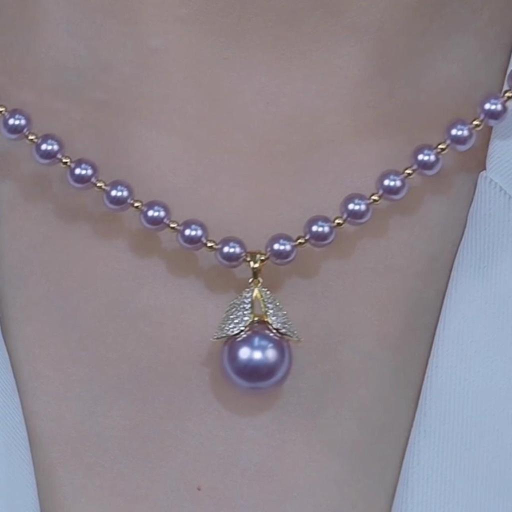 Elegant Purple Bead & Diamond Choker Necklace with Pearls Light Luxury Temperament High-end Earrings