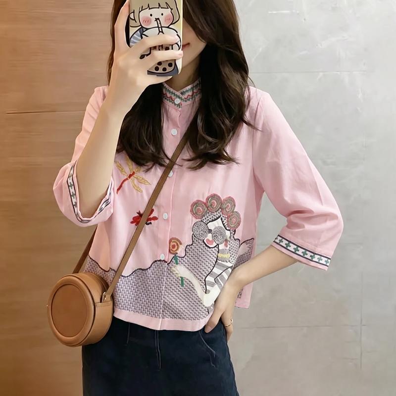 ZANZEA Women Stand Collar Loose Summer Casual Half Sleeve Print Blouse