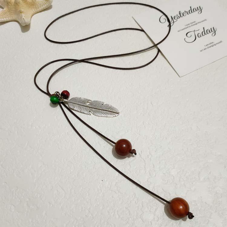 New Chinese Zen Retro Autumn and Winter New Handmade Rope Leaves Long Sweater Chain Versatile Necklace Women