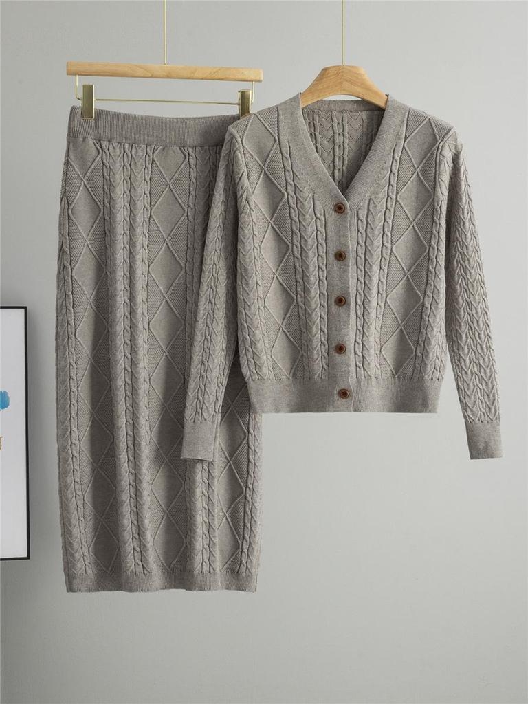 Women's Retro Cable Knit Two-Piece Set: Cardigan & Long Skirt