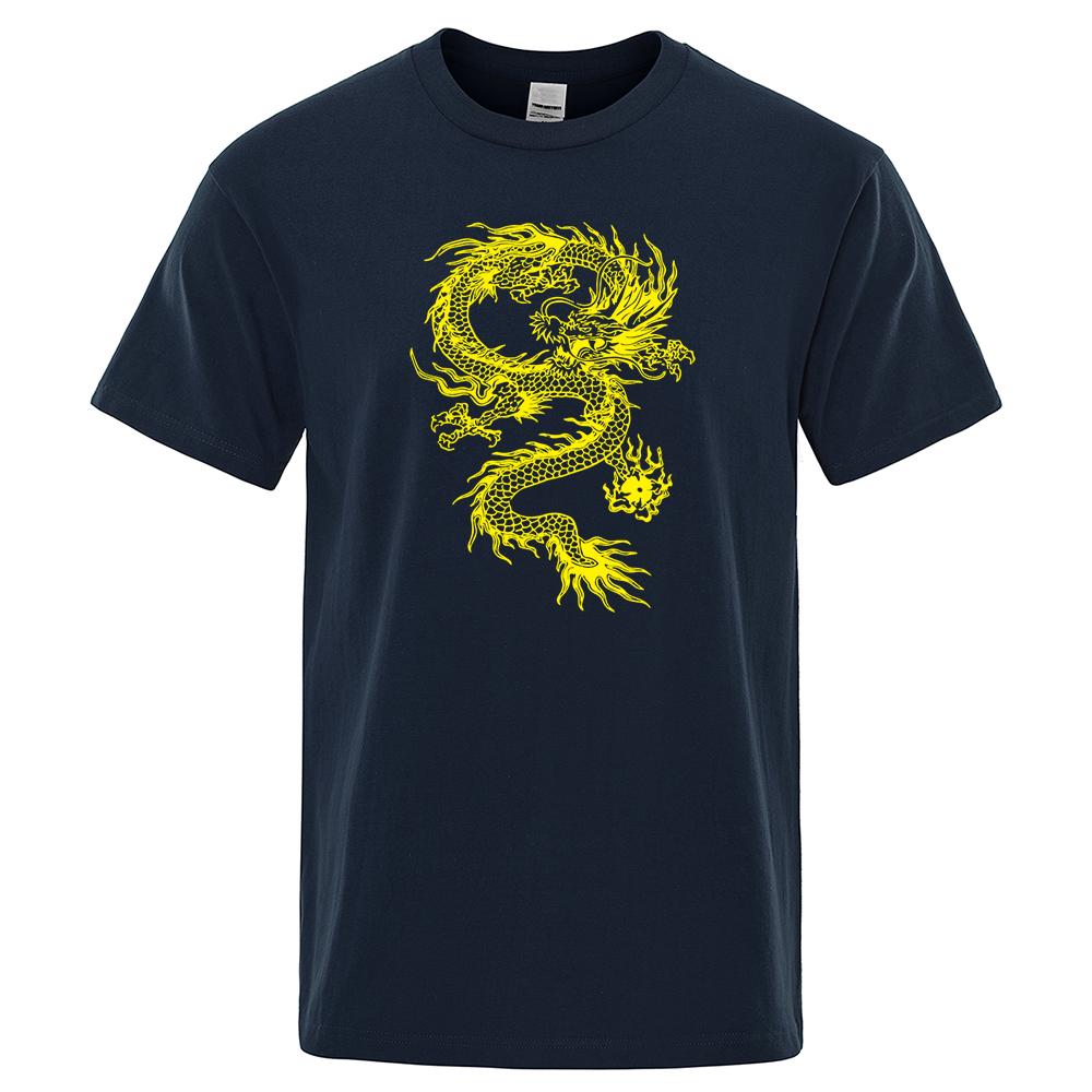 Chinese Style Yellow Dragon Printing Mens T-Shirt Cotton Loose T-Shirt Cotton Brand Oversized Streetwear Breathable Tshirt