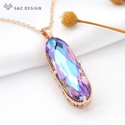 Vintage Elegant Large Oval Crystal Pendant Rose Gold Color Necklace For Women Girls Wedding Luxury Jewelry Gift
