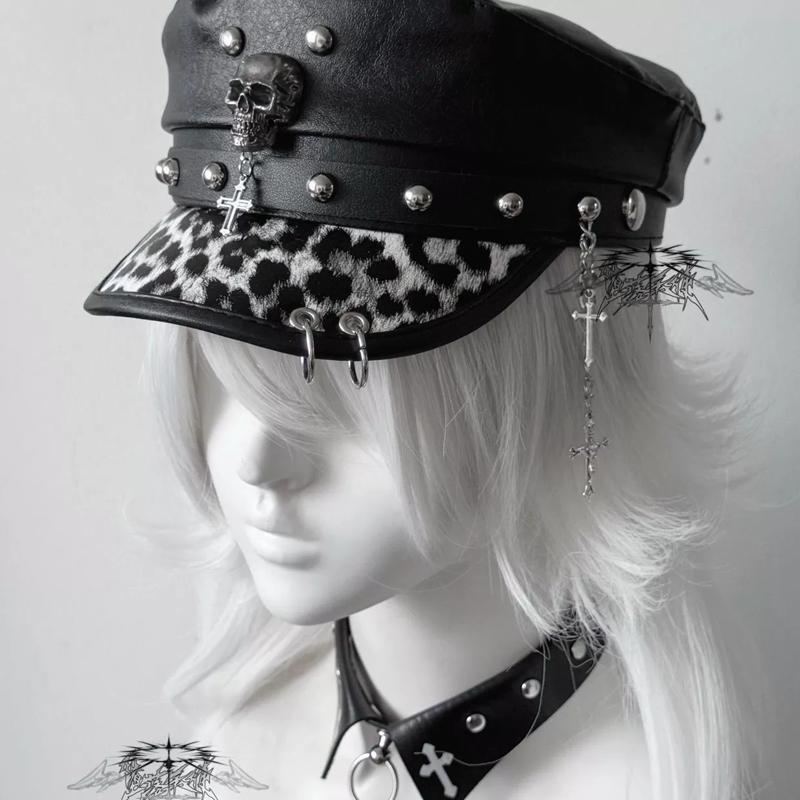 Women's Y2k Trendy Beret Fashion PU Leather Cool Punk Skull Spike Cap Flat Top Captain Military Caps Women's Accessories