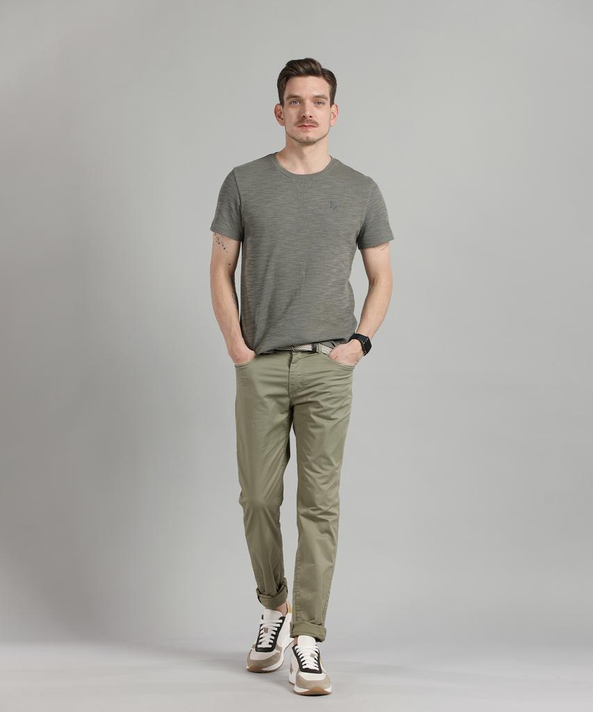 PANICALE Khaki Slim Fit Dyed Cotton Pants