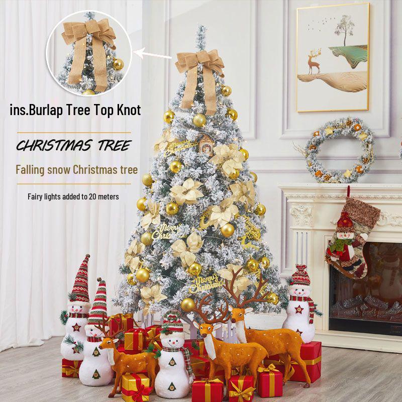 Golden Christmas Tree Set with Ornaments: 1.5m, 1.8m, 2.1m Flocked Pine with White Snow
