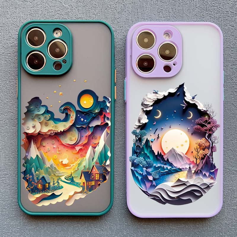 2D Printing Landscape Phone Case For iPhone 16 14 Pro 13 Mini 15 7 8 Plus SE2 XS X XR 12 Pro Max Creative Mountains Back Cover