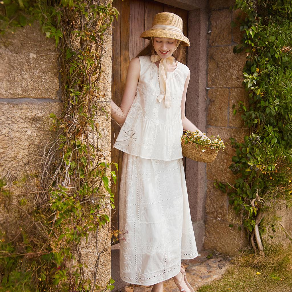 Fragrant Shadow White Embroidery Set Sleeve Top Half Skirt White Moonlight Two Piece Set
