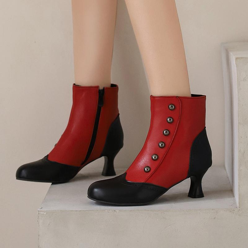Mixed Colours Ankle Boots Women's Rivets Decor Kitten Heels Shoes Retro 2025 Autumn Winter Footwear