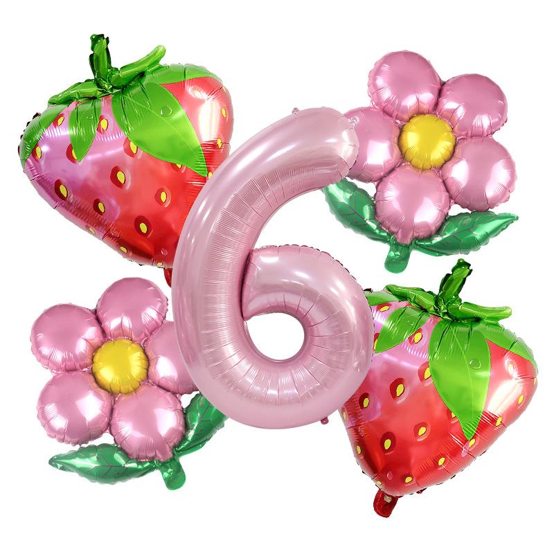 Pink Strawberry Balloon Set, Small Daisy Aluminum Film Decoration, Children'S Birthday Party Anniversary Photo Props