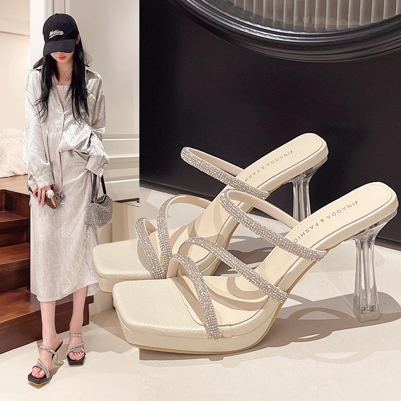 Fashion Hot Selling Women's Slimming High-Heeled Waterproof Platform Slippers New Arrival Winter 2025 Wear Lure-Drill Fine Arch Slippers