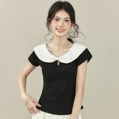 Women's Peter Pan Collar Contrast Color T-Shirt Slim Fit Short Sleeve Knit Top