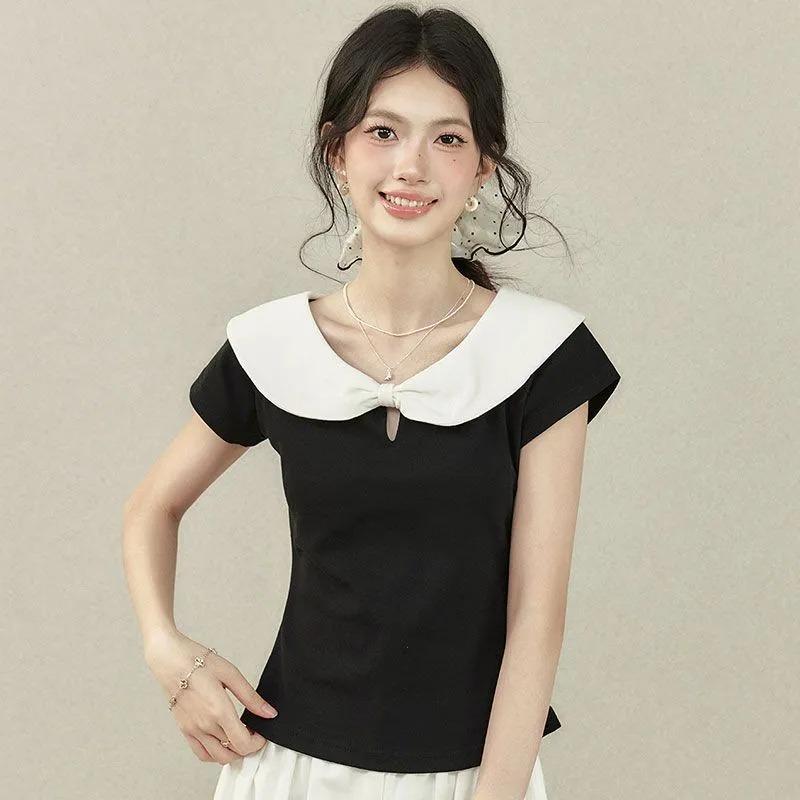 Женская футболка с воротником Питер Пэн, контрастного цвета, облегающего кроя, с коротким рукавом, вязаный топ S чёрный