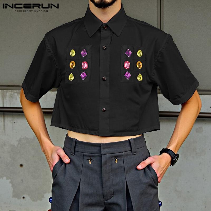 INCERUN MenTurn Down Collar Short Sleeve Acrylic Diamonds Patchwork Loose Cropped Shirts