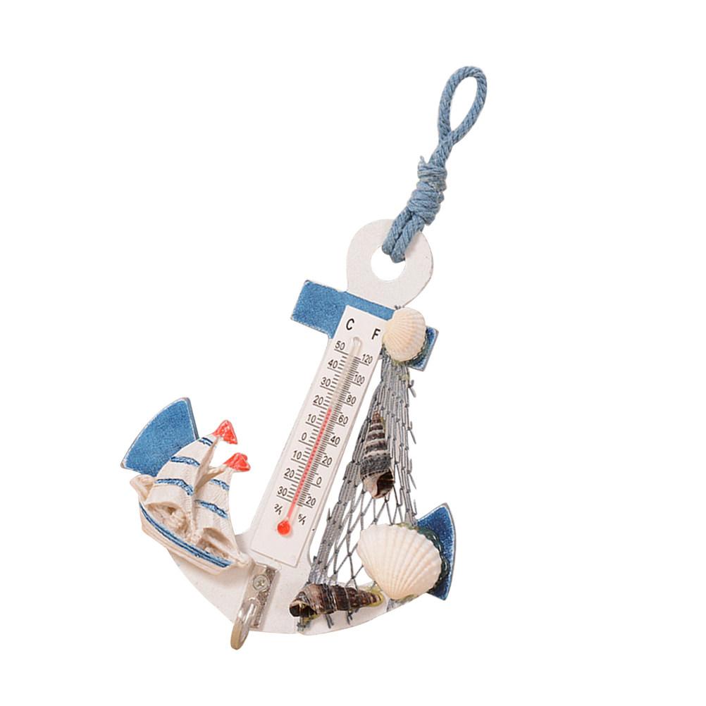 2Pcs Beach Style Hanging Ornaments Anchor Wall Hooks Mini Thermometer Shells Net Nautical Decor Bedroom Photography Background