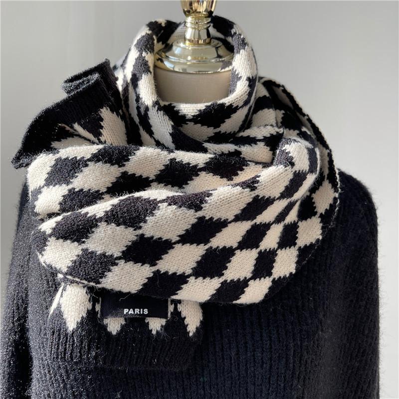 Scarf for Women Autumn and Winter Korean Version Versatile Checkerboard Student Couple Warm Knitted Wool Scarf Spring Festival Festive Red