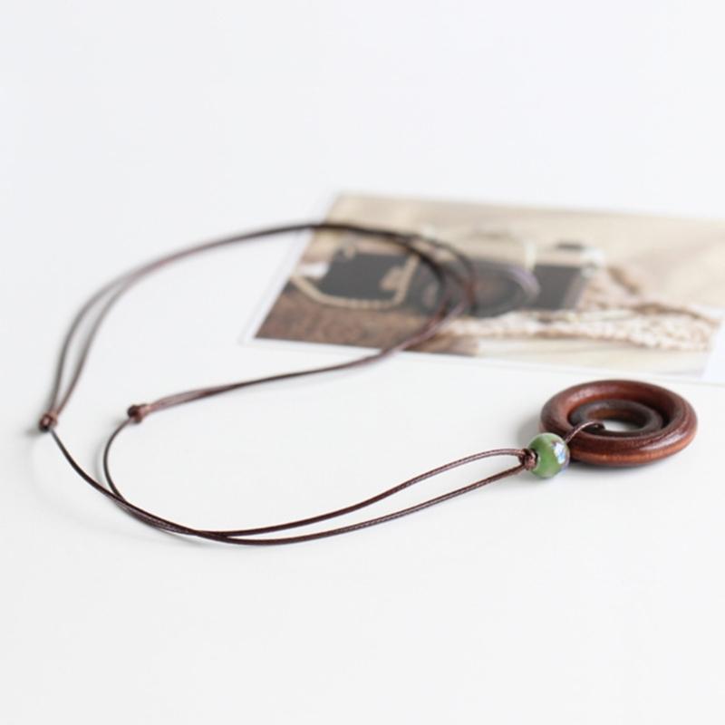 Wood Round Ring Pendant Necklace Adjustable Long Sweater Chain Vintage Handmade Collar Necklace Statement Jewelry