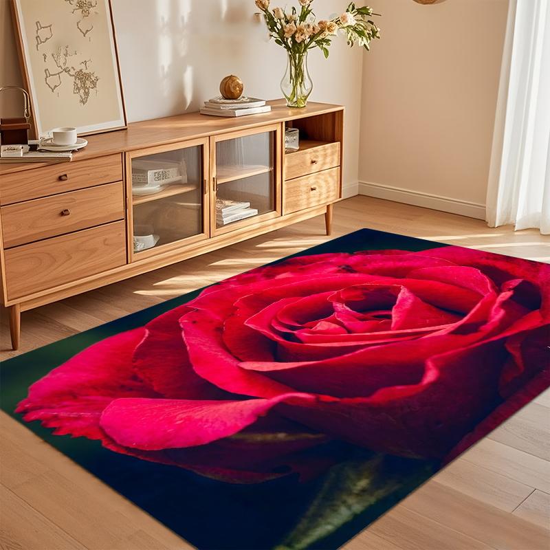 Red Rose Floral Area Rug for Living Room Bedroom Romantic Botanical Elegant Home Decor Soft Non Slip Washable Floor Mat