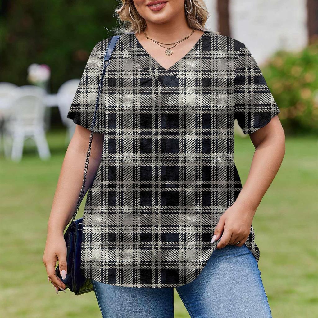 Women's Plus Size Fashionable Casual Loose-Fit Short Sleeve Elegant V Neck Blouse For Work