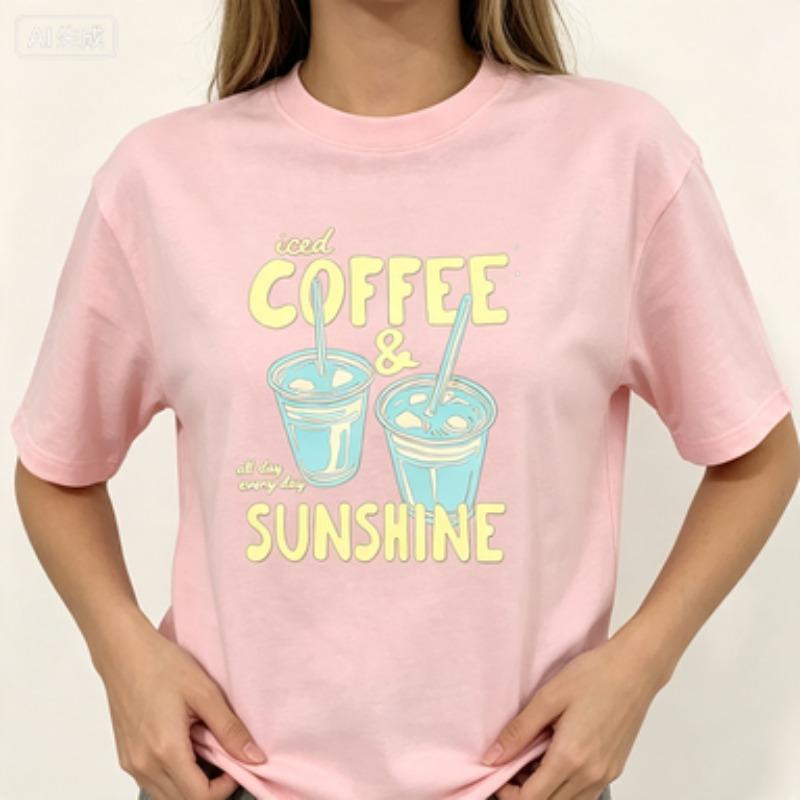 Coffee Lover Unisex 100 Cotton Tshirt Vintage Print Two Iced Coffee Cups Sunshine Quote Retro Letter Casual Tees