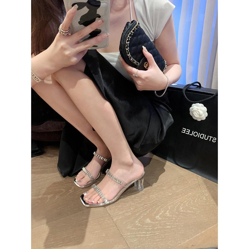 Summer 2025 Korean Fairy Square Toe Rhinestone Strap Transparent Chunky Heel Sandals for Women