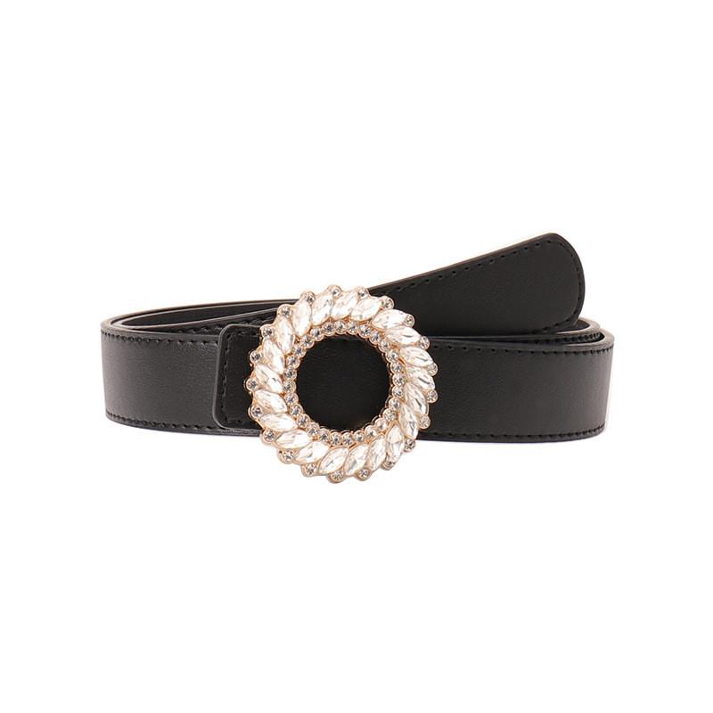Womens Fashion Pu Leather Belt With Waterdiamond Round Buckle For Elegant Casual Wear