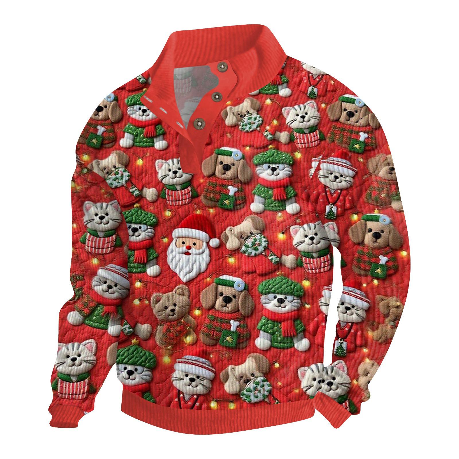 

Мужская рождественская хлопковая рубашка-пуловер с длинным рукавом для активного отдыха, винтажная вельветовая рубашка с воротником-стойкой и пуговицами, повседневная толстовка с рождественским принтом XL красный