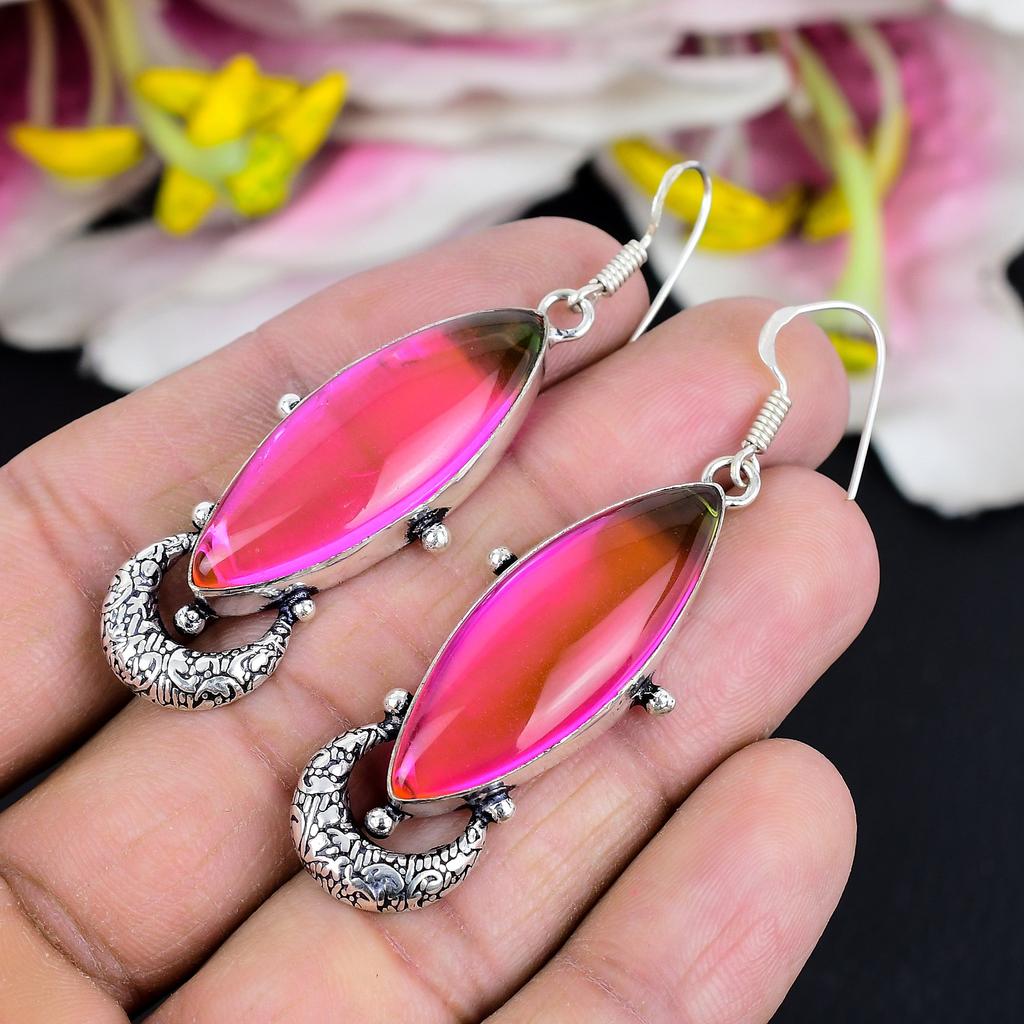 Bi-Color Tourmaline Gemstone 925 Sterling Silver Jewelry Earring 2.56" KG-1778