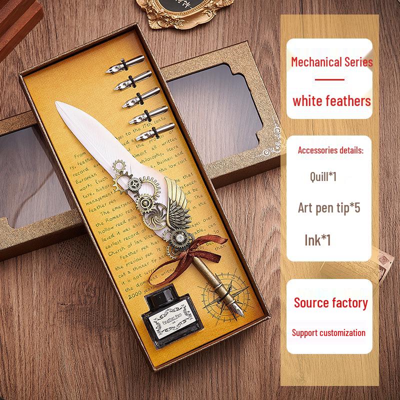 Set stilou cu peniță din pană retro european, cu stil punk mecanic și sigiliu cu ceară - Cadou ideal de ziua de naștere
