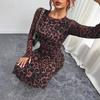 Rochie elegantă de damă cu imprimeu leopard, croială slim, perspectivă, mâneci lungi, sexy, talie strâmtă