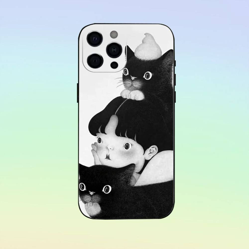 Cute Cat by Artist Park Sung-O Phone Case For iPhone 17,16,15,14,13,12,11 ,Soft Silicone Black Cover