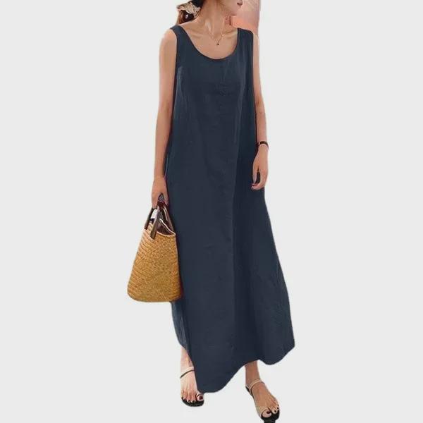 Women's Sleeveless Cotton-Linen Summer Dress - European & American Style, Loose Fit with Pockets and Round Neck