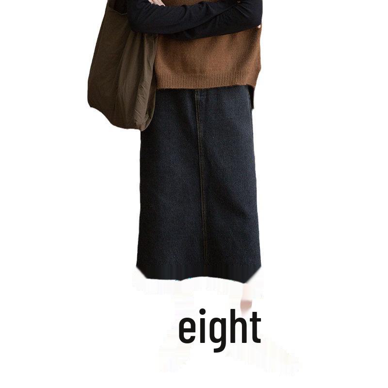 Retro Korean Style High-Waist Slimming Denim Midi Skirt with Split for Women