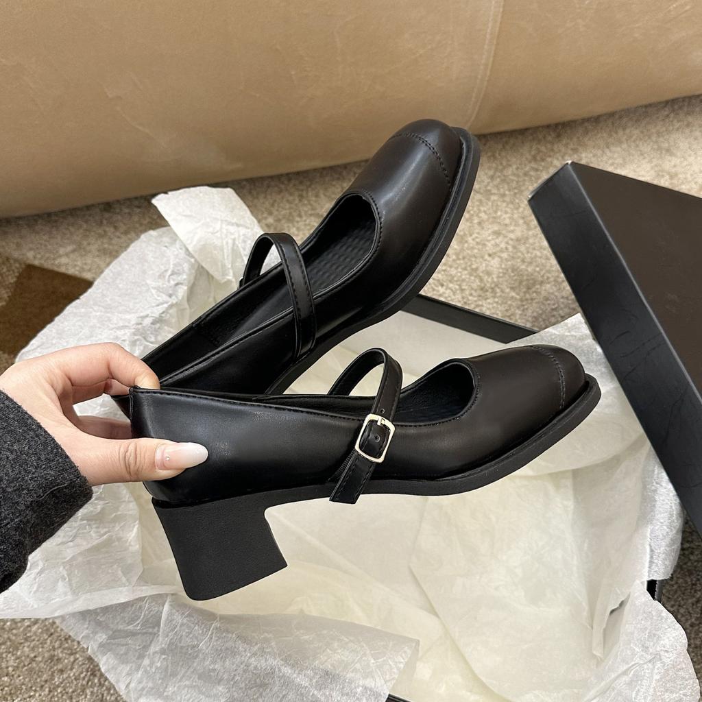 Soft leather with Mary Jane shoes women's thick heel black medium heel small leather shoes square head single shoes