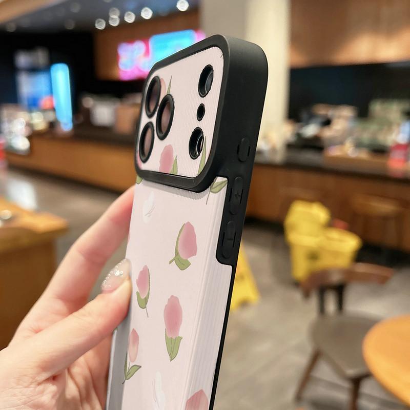 Pink Flowers Floral Printed Vertical Grain Leather Soft Silicone Phone Case Back Cover with Camera Lens Full Protection for iPhone 17